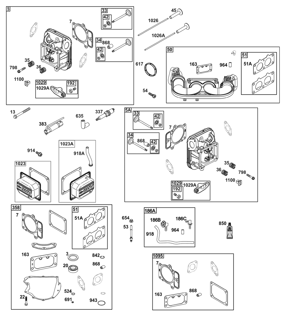 Cylinder Head Group Diagram and Parts List for 44S977-0061-G1 400000 - 699999 Briggs and Stratton Engine
